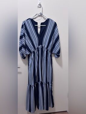 Taylor Navy and White Striped V-Neck Dress